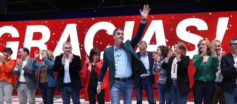 El secretario general del PSOE y presidente del Gobierno, Pedro Sánchez, en un mitin del partido en IFEMA