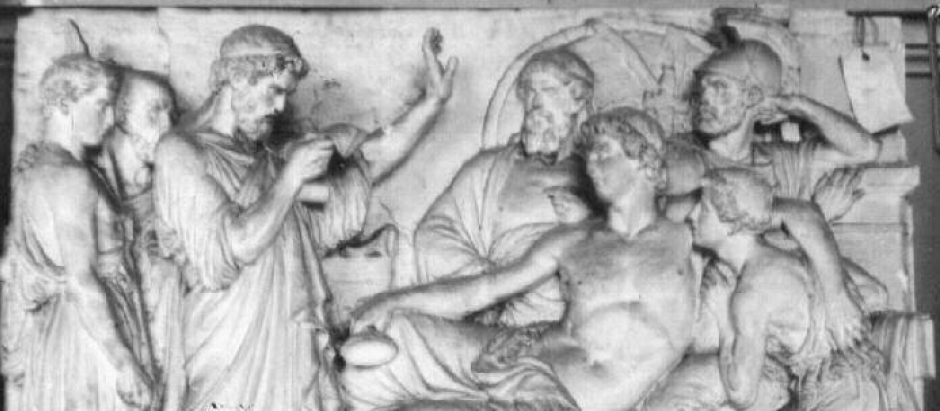 Alejandro bebiendo mientras su médico Filipo lee la carta de Parmenión, relieve de André-Joseph Allar