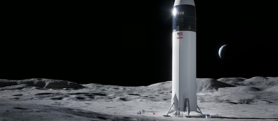 Ilustración de la nave Starship de SpaceX en un alunizaje