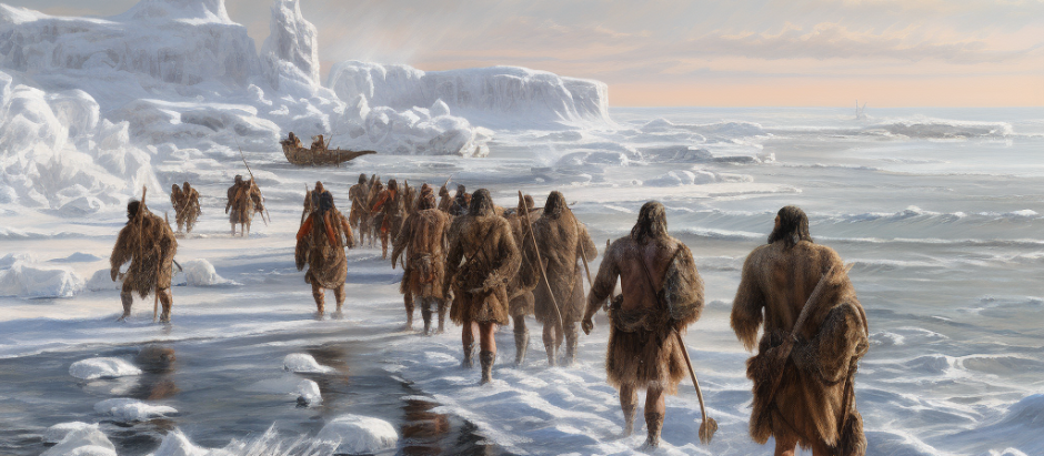 Recreación de un grupo de humanos primitivos en plena migración