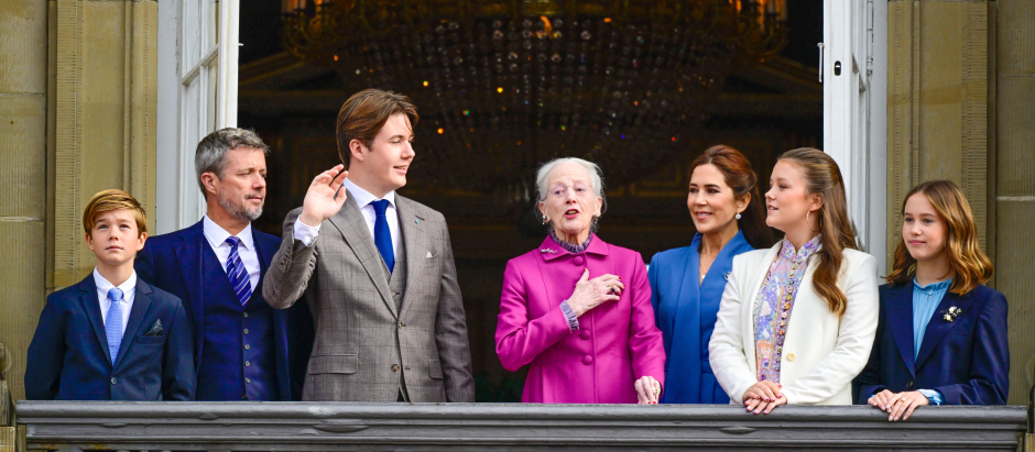 Queen Margrethe II of Denmark, Crown Prince Frederik and Crown Princess Mary of Denmark with Prince Christian, Princess Isabella, Prince Vincent and Princess Josephine during the 18th birthday celebrations of the Prince Christian in Copenhagen, Denmark.