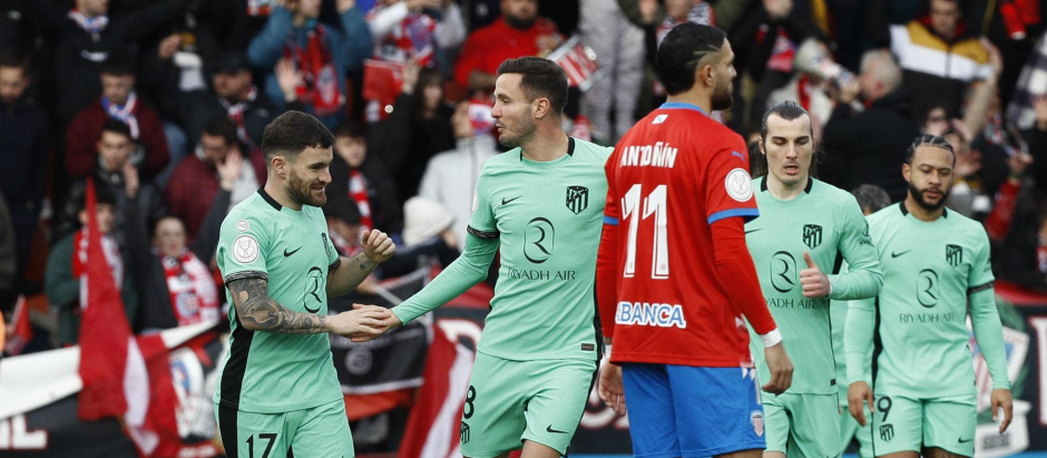 Los jugadores del Atlético de Madrid celebran el 0-1 ante el CD Lugo