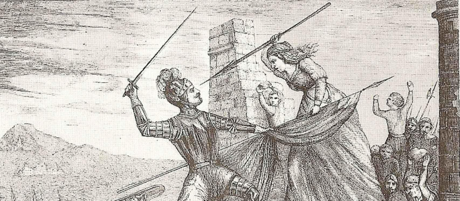 Grabado que representa a María Pita luchando contra el abanderado inglés