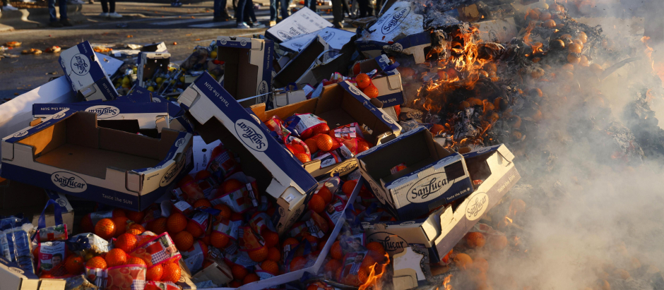 Agricultores franceses queman frutas españolas durante una manifestación