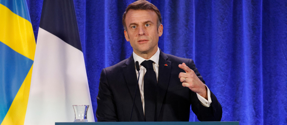 Emmanuel Macron presidente de Francia en un discurso en Estocolmo