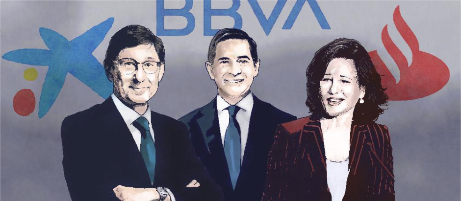 De izquierda a derecha, los presidentes de los tres grandes bancos españoles: José Ignacio Goirigolzarri (CaixaBank), Carlos Torres (BBVA) y Ana Botín (Santander).