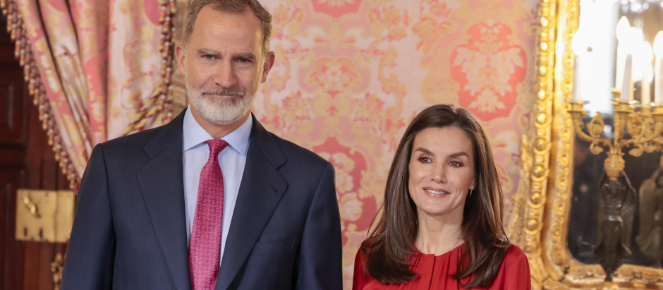 Spanish King Felipe VI and Letizia during a hearing with the representation of the members of “ Patronato de la Fundacion Princesa de Girona “ in the RoyalPalace in Madrid on Wednesday, 13 December 2023.