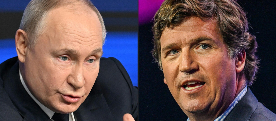 Tucker Carlson y el presidente de Rusia, Vladimir PutinRussian President and presidential candidate Vladimir Putin meeting with his confidants ahead of the upcoming presidential election in Moscow on January 31, 2024; and US conservative political commentator Tucker Carlson speaking at the Turning Point Action USA conference in West Palm Beach, Florida, on July 15, 2023. - Tucker Carlson, a conservative American talk show host close to former US president Donald Trump, said on February 6, 2024 he was in Moscow to interview Russian President Vladimir Putin. (Photo by NATALIA KOLESNIKOVA and GIORGIO VIERA / AFP)