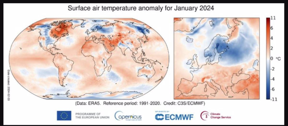 Anomalía de la temperatura del aire en el primer mes de 2024