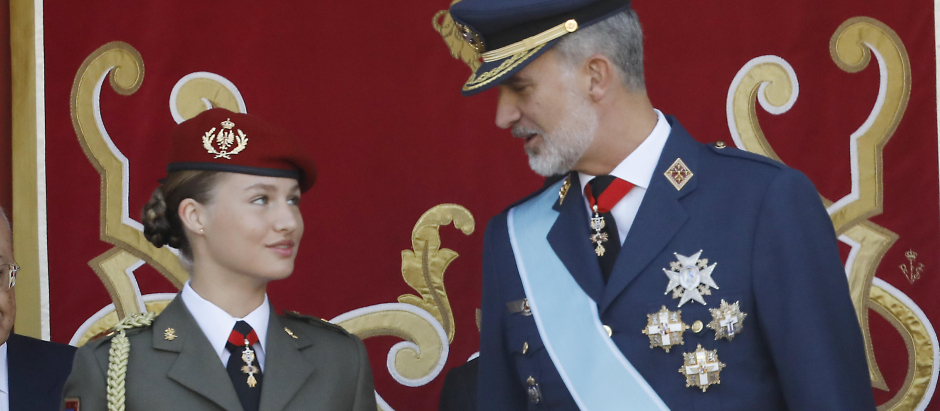 Spanish King Felipe VI with Princess Leonor de Borbon attending a military parade during the known as Dia de la Hispanidad, Spain's National Day, in Madrid, on Thursday 12, October 2023.