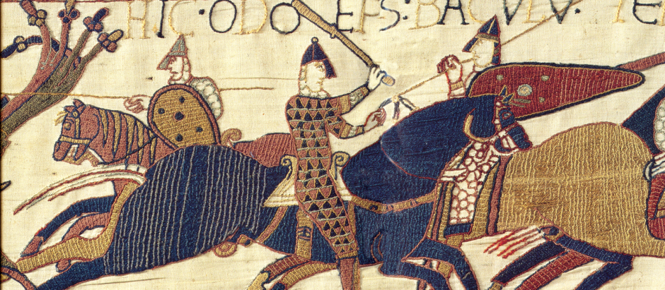 Escena del tapiz de Bayeux que representa al obispo Odo reuniendo al ejército del duque Guillermo durante la batalla de Hastings en 1066