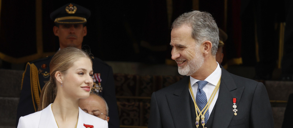 Spanish King Felipe VI and Princess of Asturias Leonor de Borbon during Constitution Pledge (Jura de la Constitucion) ceremony in Madrid on Tuesday, 31 October 2023.