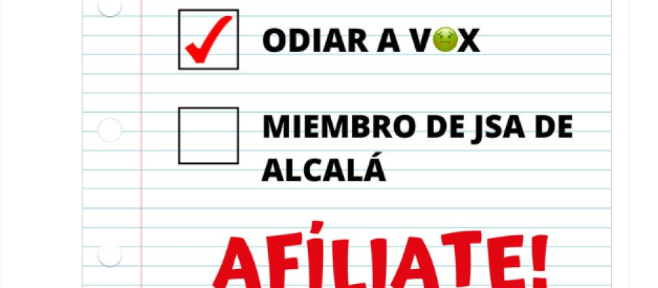 Tuit de las Juventudes Socialistas de Alcalá de Guadaíra con el cartel de incitación al odio contra Vox