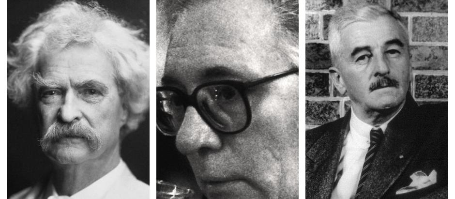 Los escritores Mark Twain, Francisco Umbral y William Faulkner