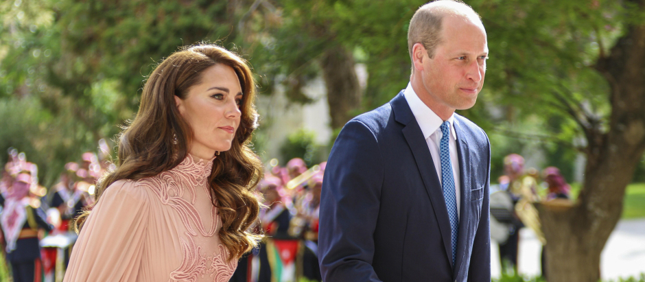 Prince William of Wales and Kate Middleton , Princess of Wales during weeding of Al Hussein bin and Rajwa Al Saif  in Amman, on June 01, 2023
