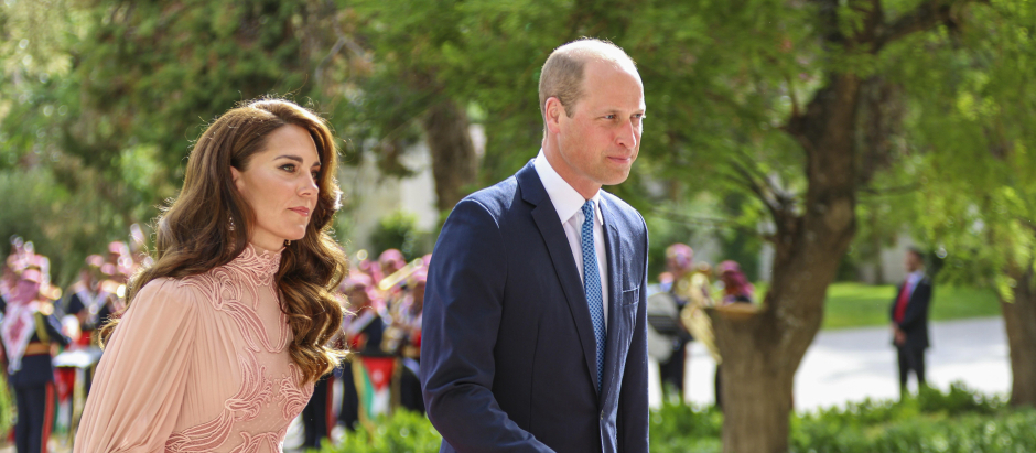 Prince William of Wales and Kate Middleton , Princess of Wales during weeding of Al Hussein bin and Rajwa Al Saif  in Amman, on June 01, 2023