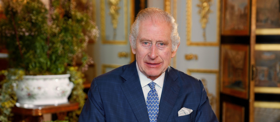 Handout photo issued by the Royal Household of King Charles III during the recording of the The King's Commonwealth message which was filmed in the White Drawing Room at WindsorCastle in February.