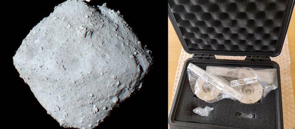 El asteroide Ryugu y el maletín que ha llegado al Centro de Astrobiología con las dos muestras