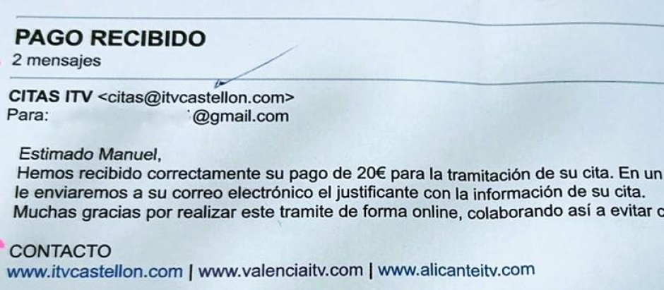 Imagen de un correo electrónico fraudulento reclamando dinero por una cita en las ITV valencianas