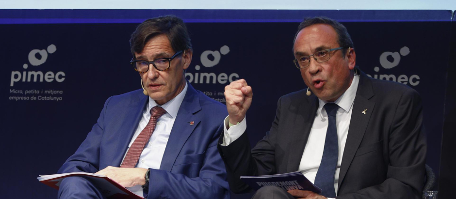Salvador Illa (PSC) y Josep Rull (Junts), durante el debate preelectoral organizado por PIMEC.