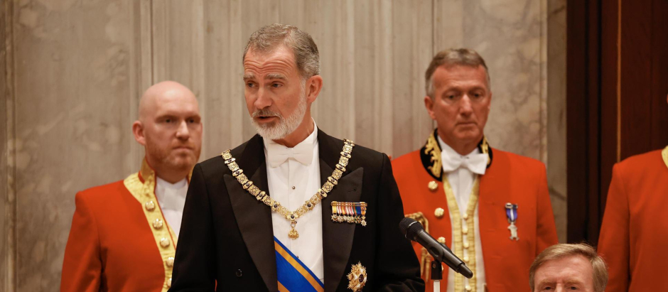 El Rey dirige unas palabras durante la cena de gala que le ofrecieron los Reyes de los Países Bajos