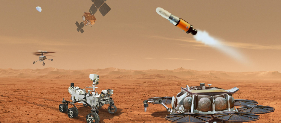 Ilustración de los vehículos implicados en la misión Mars Sample Return