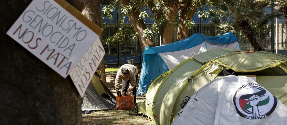 Vista general de la acampada universitaria "por el pueblo palestino" que se está llevando a cabo en la Facultad de Filosofía de la Universidad de Valencia