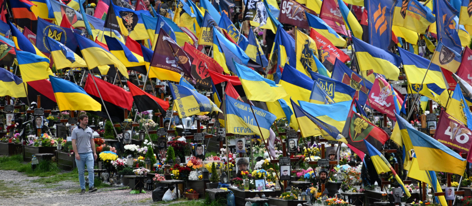 Banderas ucranianas en las tumbas de los soldados caídos en el cementerio de Leópolis
