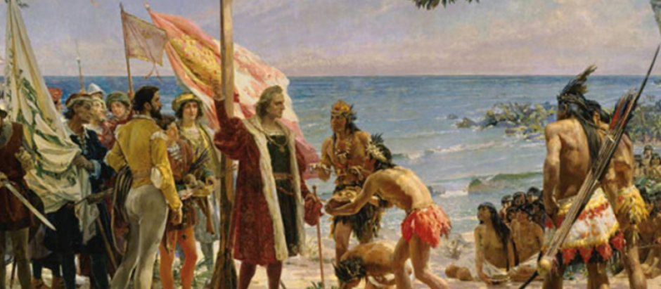Cristóbal Colón, junto a unos indígenas.