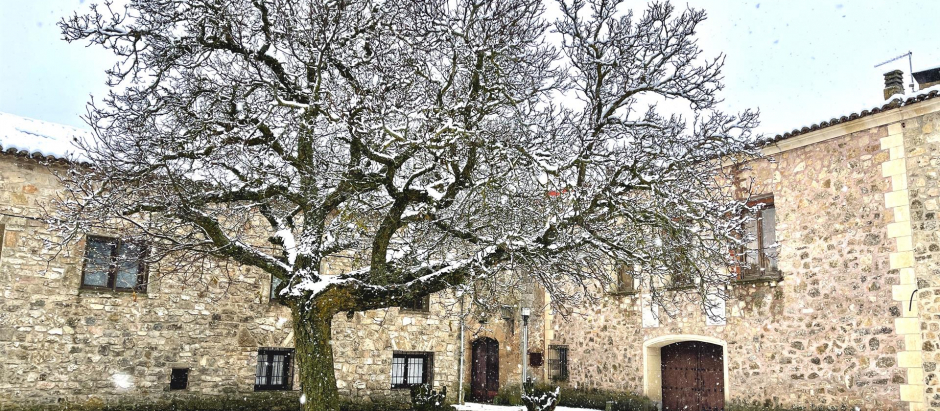 Una plaza del municipio de Medinaceli (Castilla y León) cubierta de nieve este martes