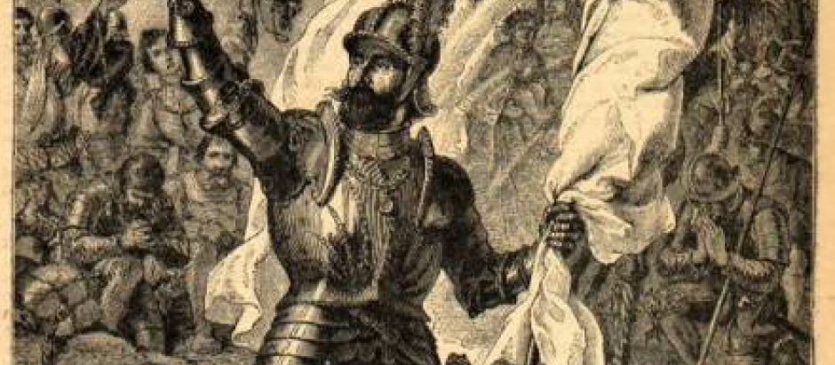 Vasco Núñez de Balboa, reclamando el mar del Sur para la corona española. Grabado del siglo XIX