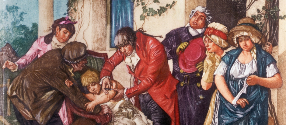 El doctor Edward Jenner (1749-1823) efectuando la primera vacuna contra la viruela en 1796 (1879), óleo sobre lienzo de Gaston Mélingue (1839-1914), Collection Bibliothèque de l’Académie nationale de médecine, París