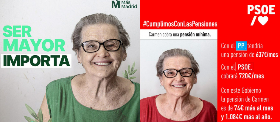 Las campañas de Más Madrid y el PSOE con la fotografía de una anciana del mismo banco de imágenes