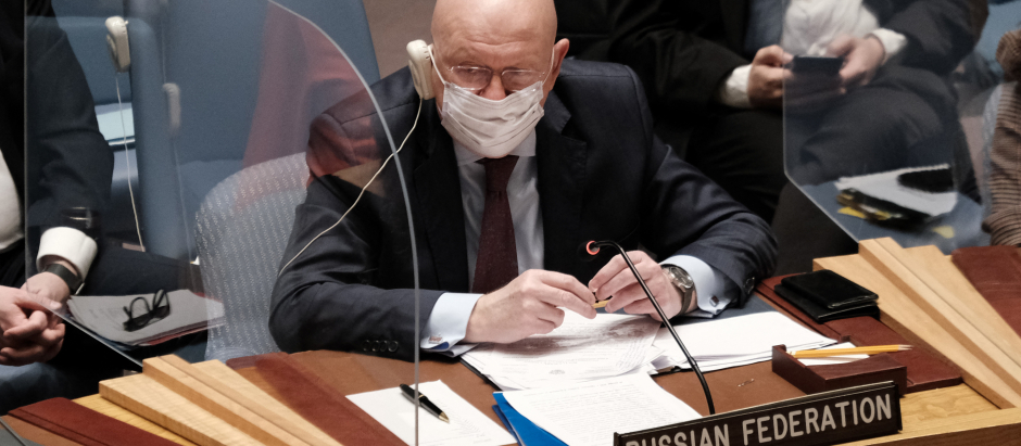 El embajador de Rusia Vasily Nebenzya, durante la sesión del Consejo de Seguridad de las Naciones Unidas