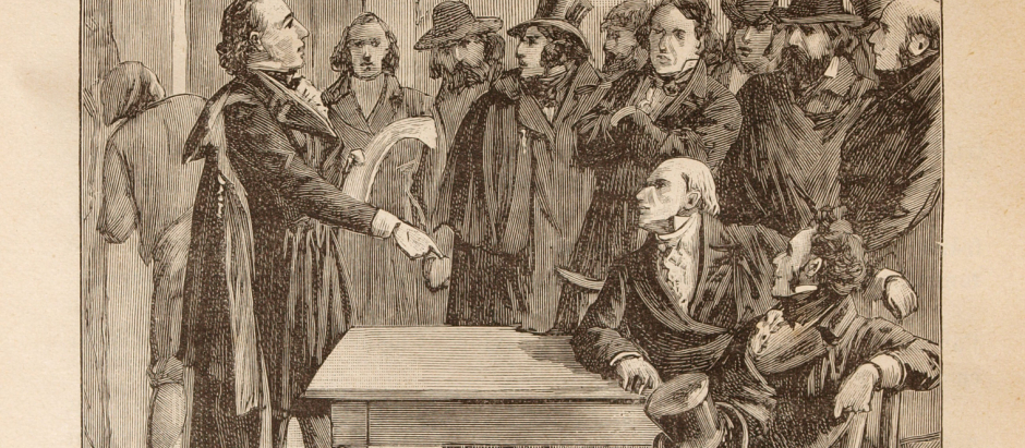 Mazzini haciendo un discurso en la Joven Italia, ilustración de Pierre Méjanel