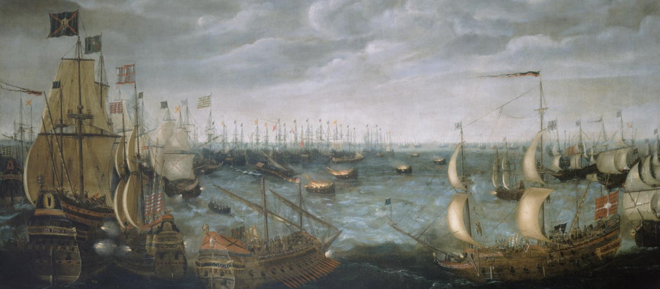 Barcos de fuego ingleses lanzados contra la Armada Española frente a Calais