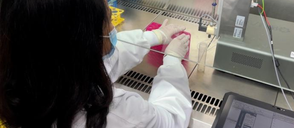 Rubaiya Hussain analizando muestras de saliva con el dispositivo en el Laboratorio de Biología del ICFO
