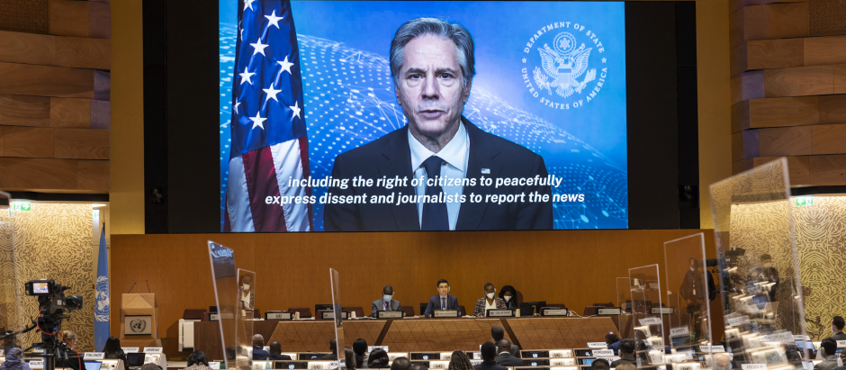 El secretario de Estado de los EE.UU. Antony Blinken, comparece por videoconferencia en el Consejo de DDHH de la ONU