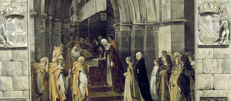 "Isabel la Católica en la cartuja de Miraflores" Grabado de un cuadro de Luis Álvarez