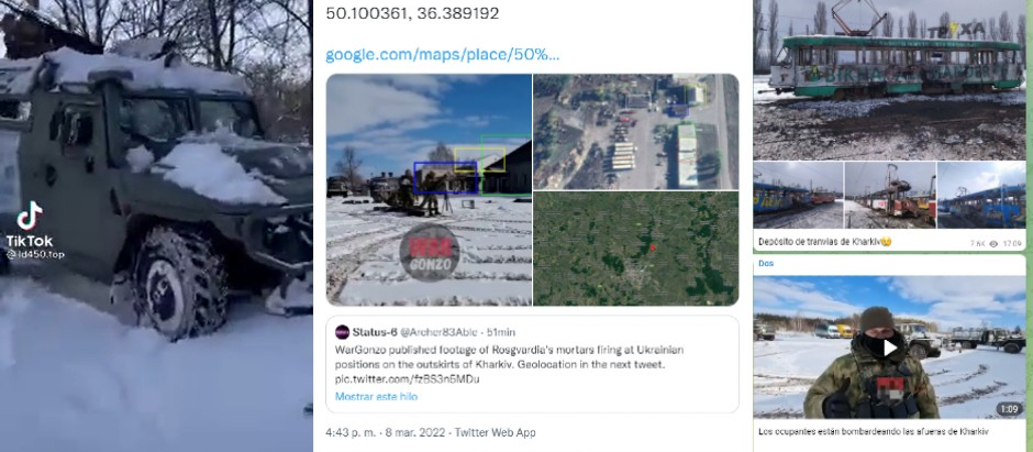 Pantallazos de publicaciones en TikTok, Twitter y Telegram relacionadas con la invasión rusa de Ucrania