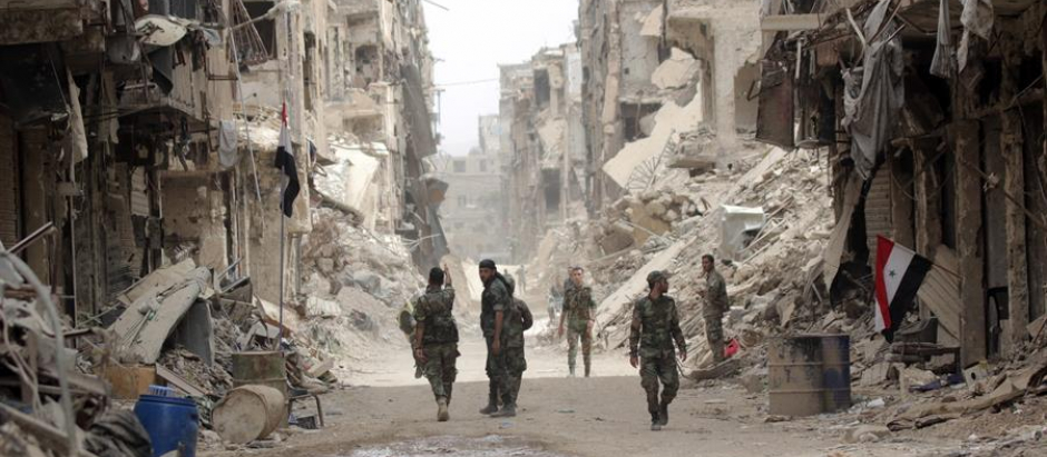 Soldados sirios en el distrito Yarmouk Camp, al sur de Damasco