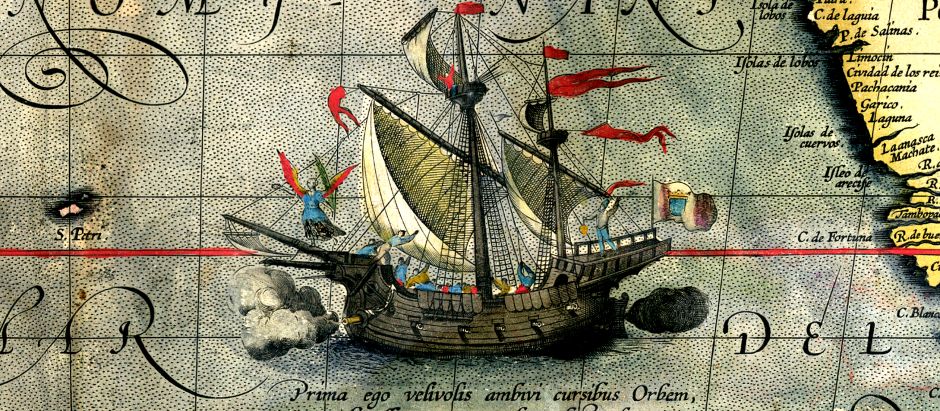 La nao Victoria, una de las cinco naves en la expedición de Magallanes en un mapa de Abraham Ortelius de 1589