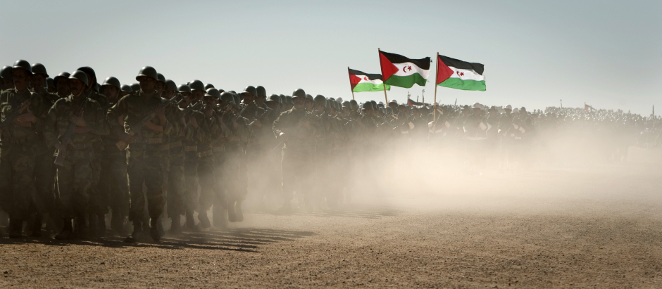 Soldados del Frente Polisario en el Sáhara Occidental celebran el 35 aniversario de la República Árabe Saharaui Democrática, febrero de 2011