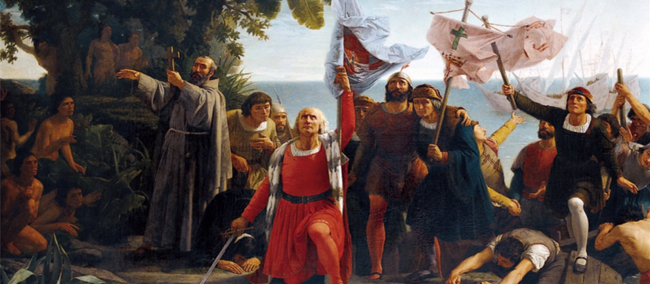'Desembarco de Colón de Dióscoro Puebla'. Primer desembarco de Cristóbal Colón en América, óleo de 1862 de Dióscoro Teófilo Puebla (1831-1901)