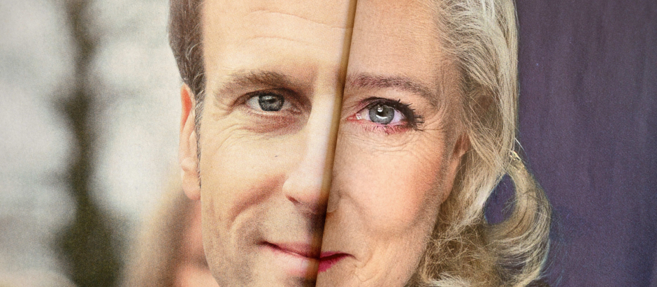 Una revista doblada muestra las caras de Emmanuel Macron y Marine Le Pen, candidatos en la segunda vuelta de las elecciones francesas