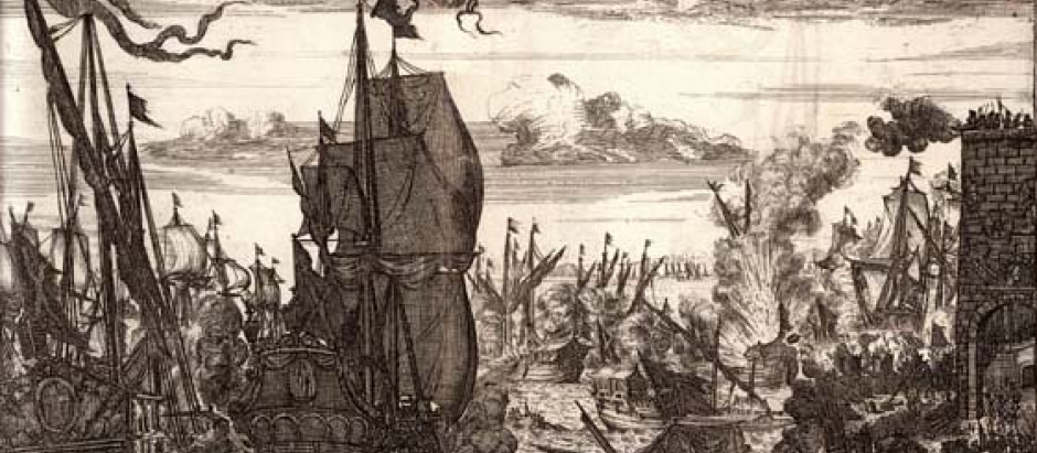 Imagen de la embestida de la flota de Henry Morgan al aventurarse a salir del lago de Maracaibo
