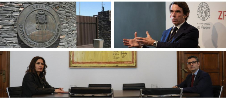 De izquierda a derecha: la entrada del CNI; José María Aznar; y un momento de la reunión de Bolaños con la consejera catalana de Presidencia