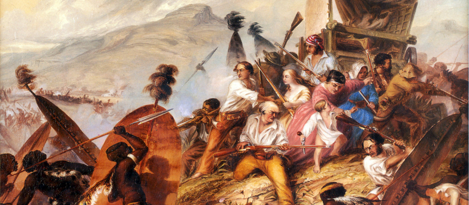Representación de un ataque zulú a un campamento bóer en febrero de 1838