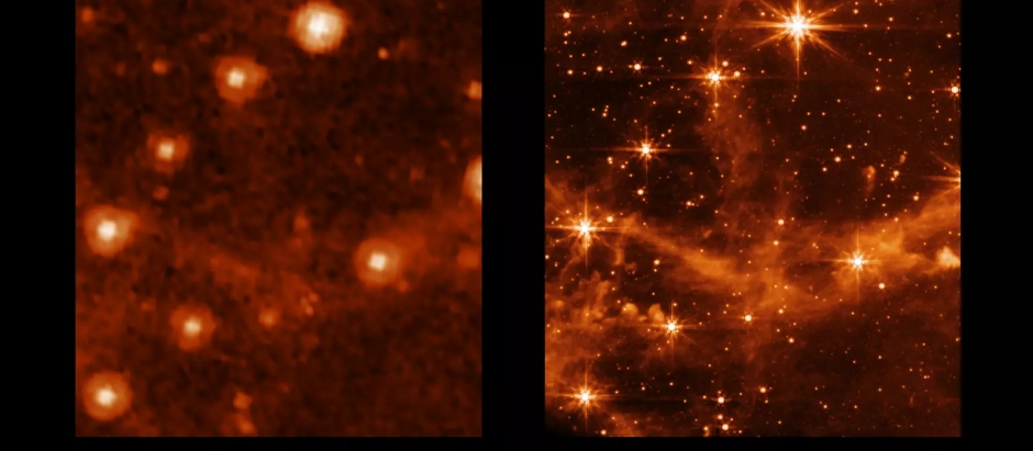 Comparativa de la misma imagen tomada por el retirado telescopio Spitzer (izqda.) y por el nuevo James Webb (dcha.)