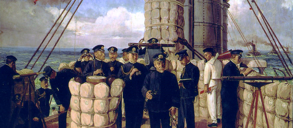 Tōgō y su tripulación en la cubierta del Mikasa. Pintura de Tōjō Shōtarō (1906)
